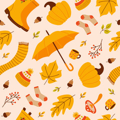 Poster - Colorful autumn seamless pattern of seasonal elements: leaves, pumpkins, berries, mushrooms, acorns and other. Trendy vector cartoon illustration