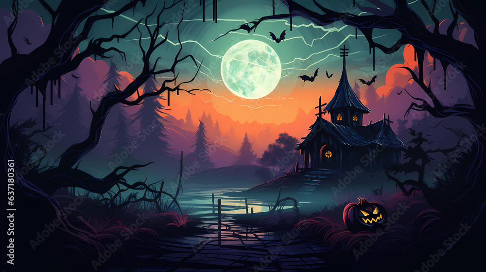 Halloween background with scary pumpkins and house haunted in a dark ...