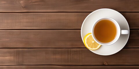 Golden moments. Enjoying lemon infused. Culinary harmony. Refreshing cup of healthful tea lemon on wooden table. Top view