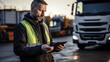 © PaulShlykov - Serviceman with digital tablet on the background of the truck in the garage. Outdoors Pretrip technical inspection, checklist