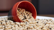 A Bowl Of Black-eyed Peas, A Bucket Of Black And White Beans, Black-eyed Peas In A Red Pot