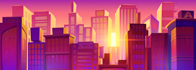 Beautiful sunrise behind modern city buildings. Vector cartoon illustration of early morning urban landscape with apartment and office skyscrapers, pink sky with bright sun. Cityscape background