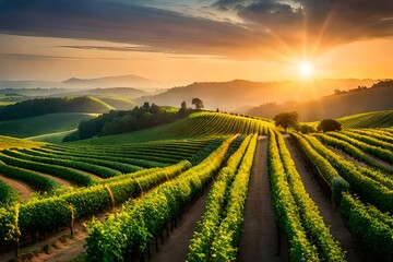 Wall Mural - vineyard at sunset generated Ai