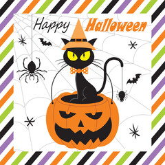 Wall Mural - happy halloween card with black cat on the pumpkin