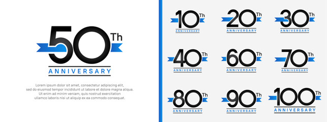 set of anniversary logo flat black color number and blue ribbon on white background for celebration