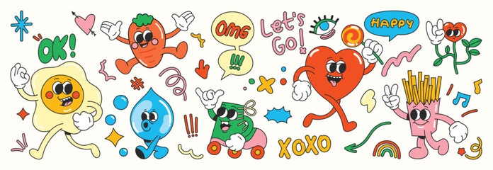 set of fun groovy element vector. collection of cartoon characters. cute retro groovy hippie design 