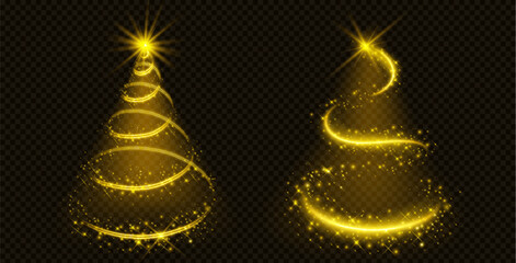 Poster - christmas tree made of golden light and sparkles. abstract shiny and glow magic xmas symbol on trans