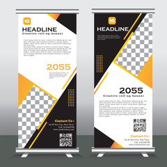 roll up banner stand design with abstract geometric colorful. yellow and ash color standee design, vertical banner, x standee banner template. pull up banner, presentation and brochure flyer. vector