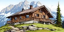 A Rustic Cabin On A Grassy Hillside With Evergreen Trees And Mountains In The Background