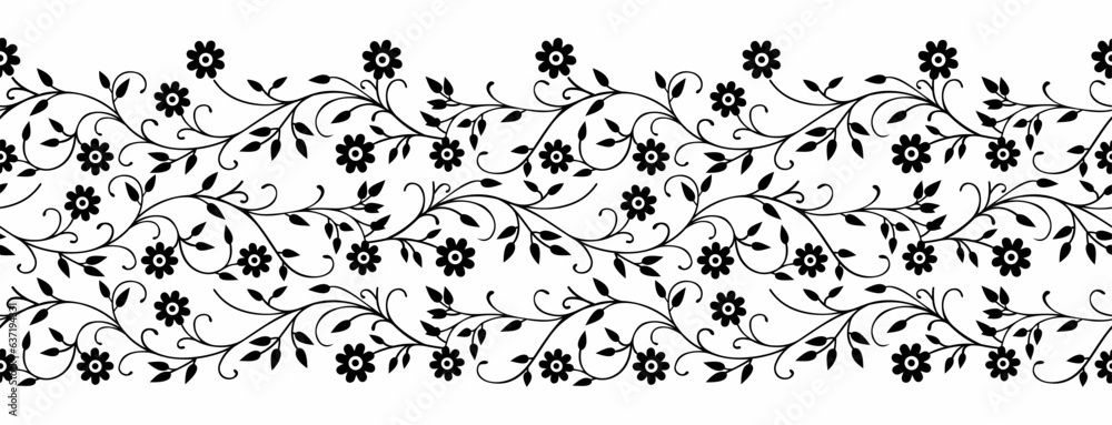 Seamless black and white floral border Stock Vector | Adobe Stock