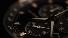 Close-up Macro Shot Of Watch Face Passing Through 40 Seconds. Great Detail, Dark Watch Dial 30fps