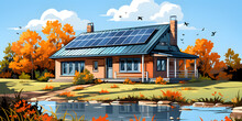 A House With Solar Panels Sits In The Grass Near The Pond