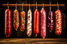 Various Types Of Smoked Sausages And Meats, Smoked And Cured, For Sale. A Wide Range Of Meat Products. Homemade Sausages On A Dark Background.
