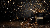 Fototapeta Kosmos - Magical black and gold glitter background. Christmas sale with gift boxes.