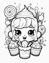 Cute Kawaii Candy Halloween Coloring Page For Kids, Black And White Line Art Halloween Cupcakes.
