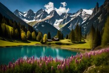 Lake In The Mountains,alpine Meadows In Mountains, Beautiful Wallpaper, Landscape, And Background - Generative AI