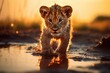 cute baby lion cub running through a puddle of water (Generative AI)