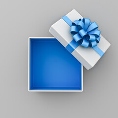Aufkleber - Top view of blank open white gift box with blue bottom inside or opened blue present box with blue ribbon and bow isolated on grey background with shadow minimal concept 3D rendering