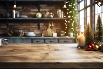 Empty wooden table on background christmas kitchen . Christmas background. Ready for product montage.Merry Christmas and Happy New Year! Banner. Mockup.Generative AI,