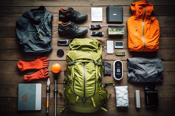 Wall Mural - outdoor travel equipment planning for a mountain trekking camping trip on wooden background. top vie