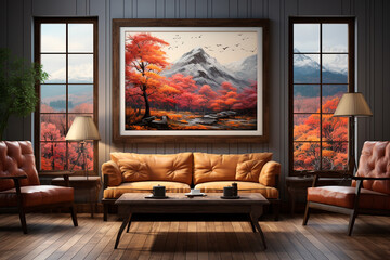 Wall Mural - autumn scene with a boat, a boat on the shore of a lake. high quality illustration