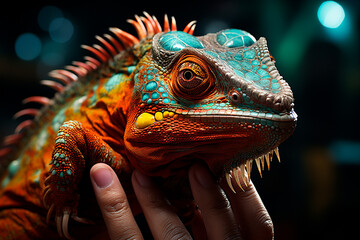 Canvas Print - portrait of male iguana with green leaf on black background