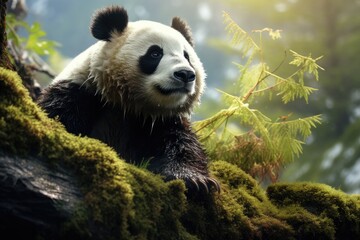 Wall Mural - Giant panda, Ailuropoda melanoleuca, clutching on to a tree. Generative ai