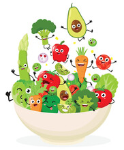 Cute Vegetable Cartoon In Bowl, Set Of Cute Character