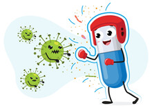 Happy Strong Pill Guardian With Boxing Fight With Bacteria Microorganism Virus