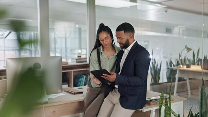 Wall Mural - Teamwork, tablet and planning with business people in office for research, strategy and project management. Feedback, consulting and coaching with employees for technology, collaboration and meeting