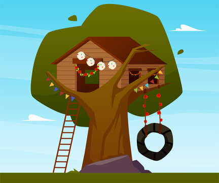 Wall Mural -  - Vector children tree house construction decorated with garlands and lanterns, lodge on tree for kids with swing, ladder