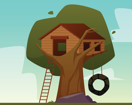 Wall Mural -  - Tree house construction on big tree for kids, vector children playground with swing and ladder for outdoor adventure
