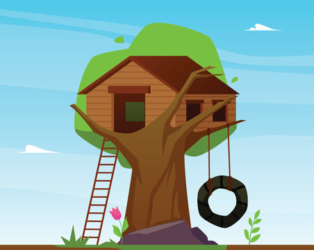 Wall Mural -  - Tree house construction, wooden lodge on big tree for kids with swing and ladder, vector game tree fort, treeshed camp