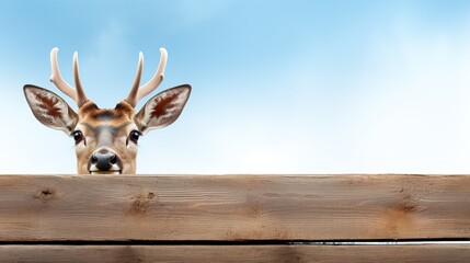 Wall Mural - A deer peeks out from behind a wooden fence close-up. Banner, copyspace.