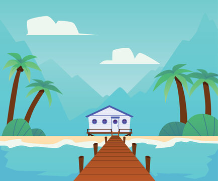 Wall Mural -  - Beach background with bungalow house and palms, flat vector illustration.