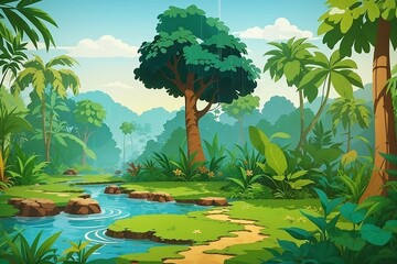 Vector wild background forest illustration with cartoon trees amp jungle scenery nature drawing fantasy