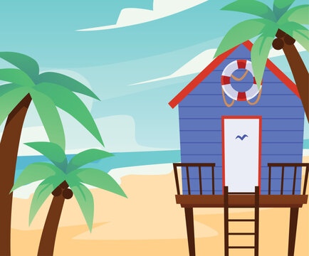 Wall Mural -  - Background with bungalow or lifeguard house on beach, flat vector illustration.
