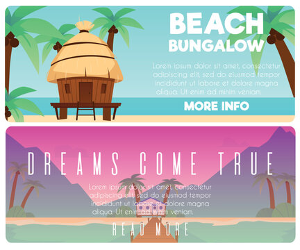 Wall Mural -  - Beach bungalow hotel or resort banners set, flat vector illustration.