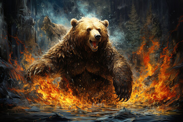 Wall Mural - Image of an angry bear with fire, Wildlife Animals., Generative AI, Illustration.