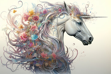  Image of unicorn horse with beautiful patterns and colors., Wildlife Animals., Mythical creatures, Generative AI, Illustration.