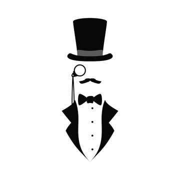 Wall Mural -  - Elegant man with mustaches and monocle, black silhouette vector illustration isolated on white background.