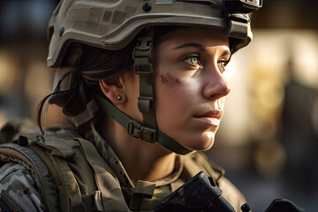 Serious female adult soldier in a soldier's uniform in a soldier's uniform on a mission. Woman at the battlefield wearing camouflage uniform. Generative AI