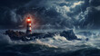 Leinwandbild Motiv Sea and Lighthouse. Storm Lightning and Dark Cloud