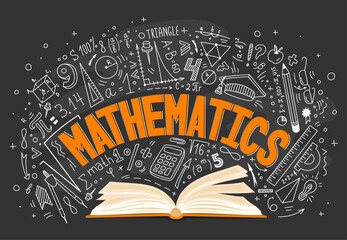 Math textbook and formulas on chalkboard. Vector background with open mathematics book on black chalkboard backdrop with equations, scientific signs or symbols. School, college or university education