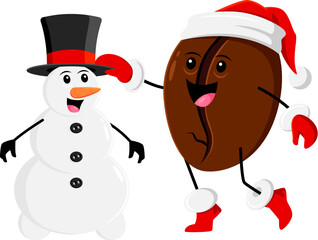 Wall Mural - Cartoon Christmas coffee bean character wears Santa Claus hat and cheerful snowman wear top hat isolated vector xmas friends personages, spreading holiday joy with their festive attire and winter fun