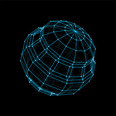 Wireframe sphere and 3d futuristic ball shape. Futuristic blue wire line structure, dimensional grid vector model or digital technology geometric ball. Cyber mesh or polygonal sphere shape
