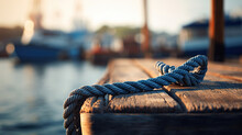 A Boat Docked At The Pier With Ropes Securing It, Set Against A Blurred Background.