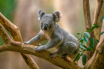 Sticker - one Koala bear (Phascolarctos cinereus) sits relaxed on a branch of a tree and looks very curious