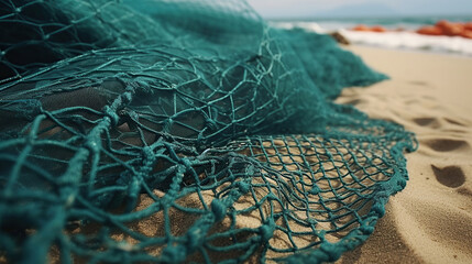 Nets for fishing form a pile upon the sand.