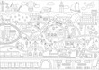 © Lexi Claus - City black and white transport map. Line background with land, underground, water and air transport. Vector infographics with train, car, tram, truck. Urban coloring page with airport, metro for kids
